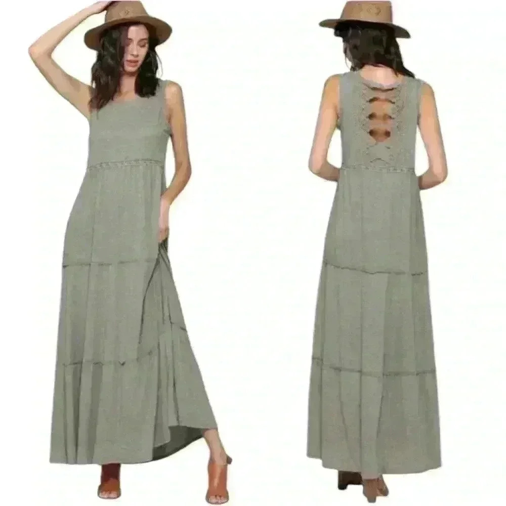 Sleeveless Lace-Up Back Maxi Dress in Olive